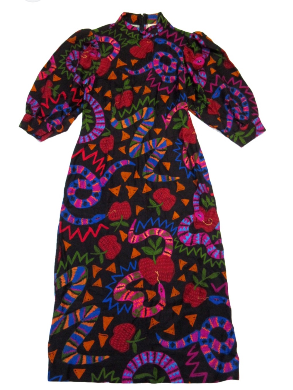 FARM Rio Black Multicolor Jungle Snake & Fruit Midi Dress